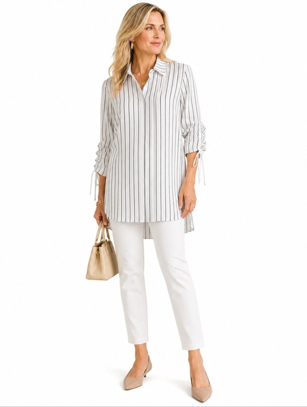 Eileen Fisher Silk Crepe Button Up Shirt PS Ivory Striped Ruched Relaxed $318